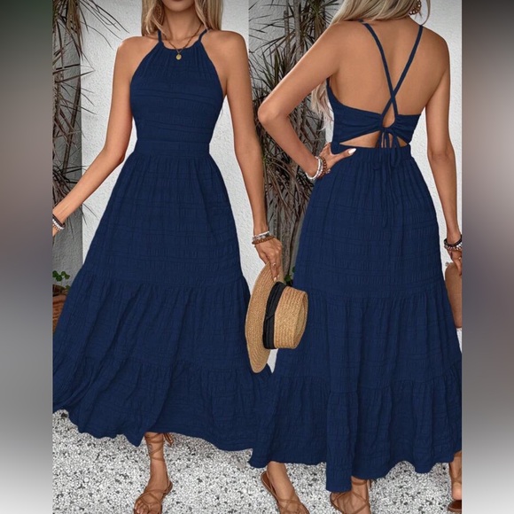 Navy Blue Halter Maxi Dress - Picture 1 of 16